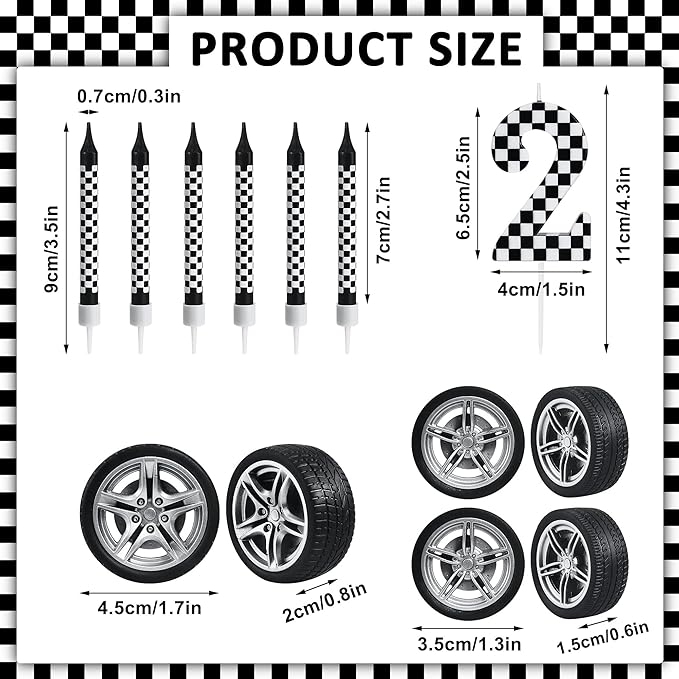 13 Pcs Racing Cars Themed Birthday Candles, Black and White Checkered Birthday Cake Candles, Numeral 2Candle Wheel Tire for Racing Car Party Decoration Theme Party Supplies