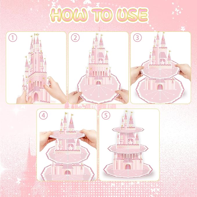 KALEFO Princess Party Supplies 3 Tier Cupcake Stand Birthday Decorations Pink Castle Cake Treat Table Decor(Princess)