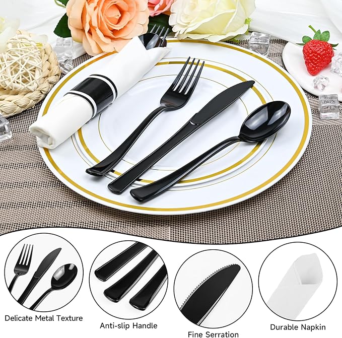 100 Pack Pre Rolled Disposable Utensils, Black Heavy Duty Cutlery Set Disposable Plastic Flatware, Including Forks, Knives, Spoons and Napkins for Parties, Weddings, Dinners & Events