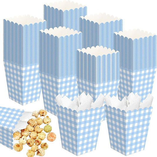 Gueevin 100 Pcs Blue Gingham Popcorn Boxes with Scalloped Mini Popcorn Boxes Small Gingham Blue Party Favor Bulk for Movie Night Decorations Bridal Baby Shower Party Supplies