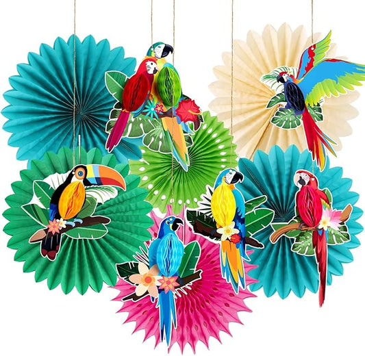 Tropical Parrot Party Decorations, Green Teal Jungle Theme Decorations for Summer Hawaiian Luau Tiki Party Supplies Hanging Tissue Paper Fans Honeycomb Balls Poms.