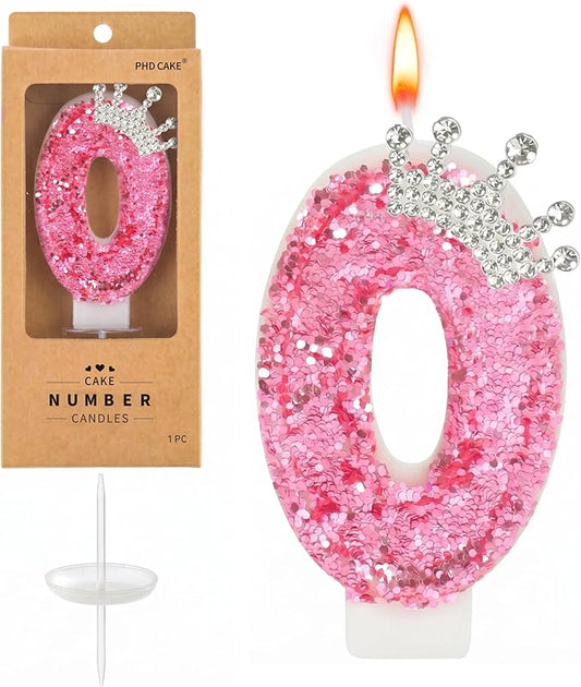 PHD CAKE Birthday Number Candles,Pink Crown Birthday Candles for Cake,Glitter Number 0 Candle Cake Topper with Sequins for Girls,Women, Anniversary Celebrations Supplies