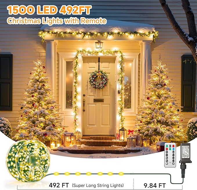 Mlambert 1500 LED Christmas Lights 492FT, Outdoor Waterproof Dimmable Fairy Lights with Remote, 8 Modes Indoor Lighting for Holiday Décor, Warm White