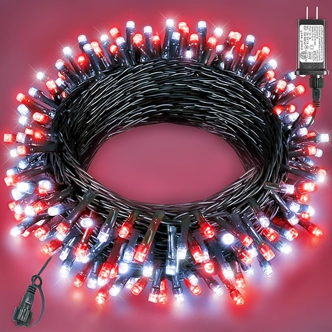 40FT 120 LED Christmas Lights Outdoor, Red and White Christmas String Lights Waterproof, 8 Modes & Timer, Connectable Christmas Tree Lights for Indoor House Patio Xmas Holiday Decorations
