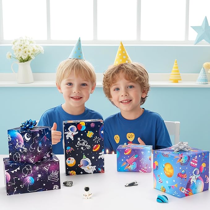 WERNNSAI Space Wrapping Paper Rolls - 3 Short Rolls Blue Galaxy Birthday Wrap Paper for Kids Boy Birthday Party Gift Packing Supply Decoration Favor with Cut Lines 17 in x 10 ft