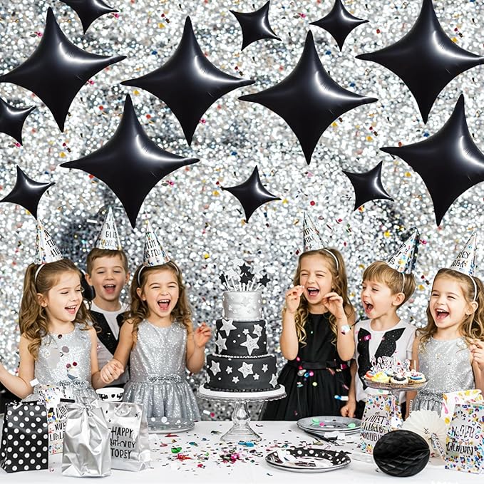 TONIFUL 30Pcs 26In&10In Star Balloons Black Four Pointed Foil Mini Star Mylar Balloons for New Year Halloween Chrismas Birthday Wedding Anniversary Engagement