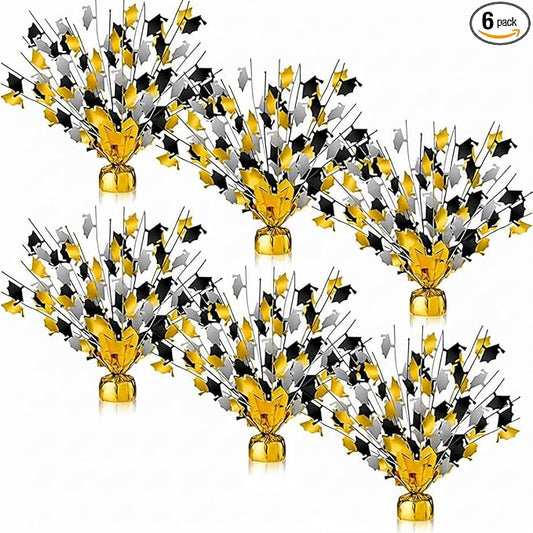 Juexica 6 Pcs 2026 Metallic Burst Table Centerpiece Mini Grad Caps Foil Spray Black Gold Silver Graduation Party Glitter Tableware Decorations for High School College Congrats Dinner Decor 14"