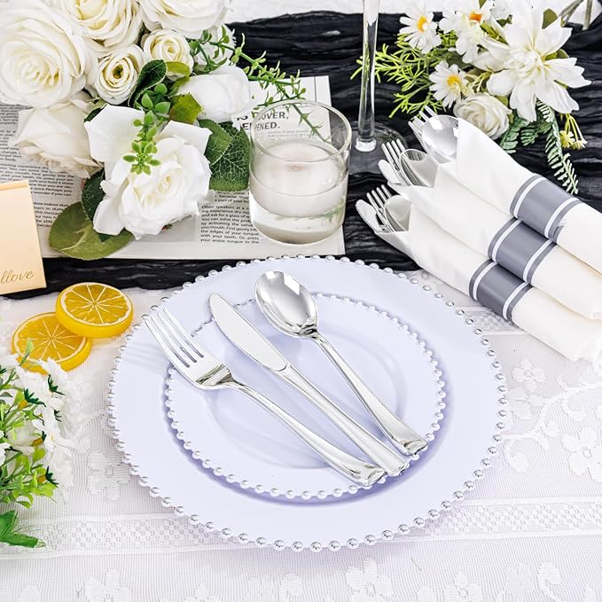 Supernal 100pack Silver Plastic Silverware with Napkins, Prewrapped & Rolled Silver Disposable Utensils (100 Forks, 100 Spoons, 100 Knives), Heavy Duty Cutlery Set with Napkin for Wedding & Party