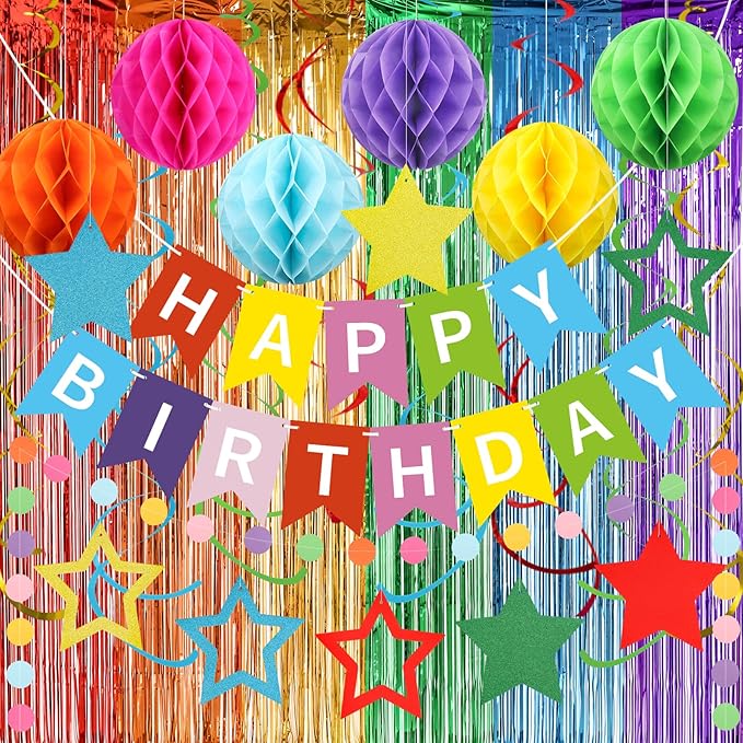 ZERODECO Birthday Decorations, Happy Birthday Banner with Paper Honeycomb, Star Hanging Swirl, Fringe Curtain, Garland, Party Decorations for Women Men Boys Girls (Multicolored)