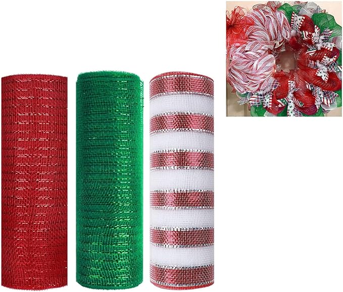 3 Rolls Red Green Deco Mesh Ribbon for Wreath Making Supplies, 10 Inch x 30FT Metallic Foil Burlap Deco Mesh Fabric for Christmas Tree New Year Winter Door Wreath Swags and Decorating