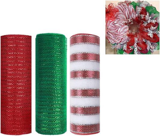3 Rolls Red Green Deco Mesh Ribbon for Wreath Making Supplies, 10 Inch x 30FT Metallic Foil Burlap Deco Mesh Fabric for Christmas Tree New Year Winter Door Wreath Swags and Decorating