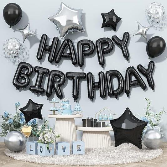 Happy Birthday Balloon Banner Black Silver, 16 Inch Mylar Foil Letter Balloons, Reusable Birthday Decorations with Black and Silver Balloons, Inflatable Party Supplies for Women Men Boys Girls Decor