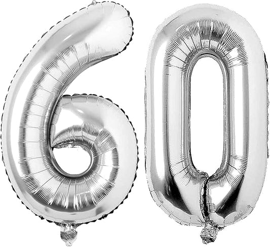 Silver 60 Number Balloons Big Giant Jumbo Large Number 60 Foil Mylar Balloons for Women Men 60th Birthday Party Supplies 60 Anniversary Events Decorations-40 inch
