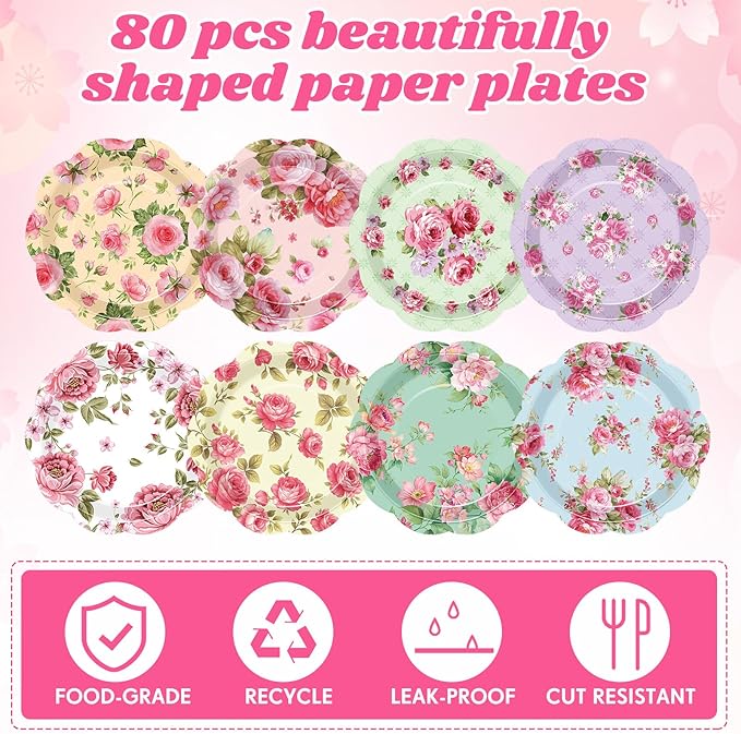 80 Pcs Spring Floral Paper Plates 7 Inch Vintage Scalloped Tea Party Plates Pink Flower Colorful Disposable Dinnerware Dessert Dish for Wedding Bridal Shower Baby Shower Birthday Party Decoration