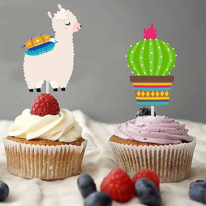 Llama Cactus Cupcake Toppers Cute Llama Alpaca Cactus Cake Cupcake Picks Decorations for Mexican Fiesta Theme Birthday Party Cinco De Mayo Party Supplies
