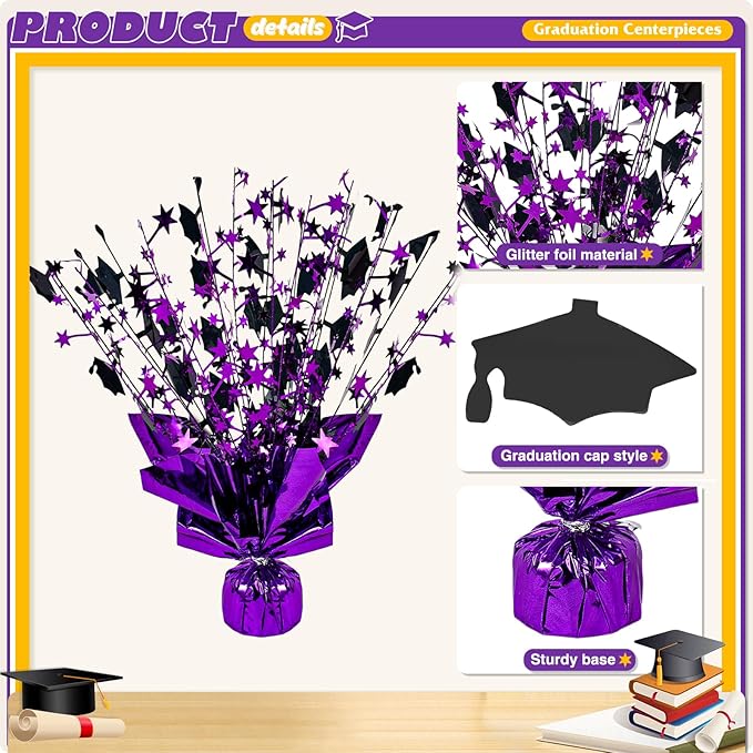 6 Packs Graduation Decorations Centerpieces for Tables Metallic Foil Star Graduate Cap Burst Tabletop Display in Purple and Black for Grad Ceremonies Celebrations Party Decor Supplies 12 (Purple)