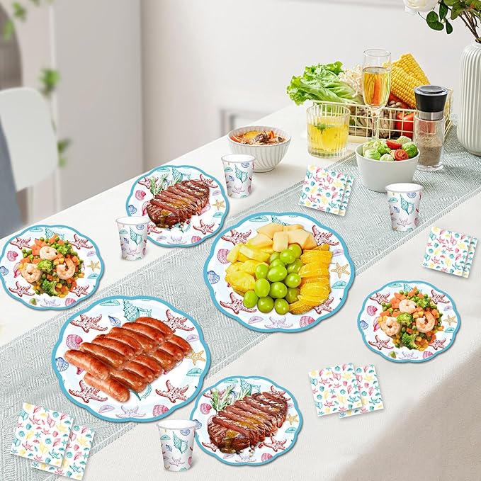 180PCS Summer Beach Party Paper Plate,Seashell and Starfish Paper Plates Supplies-Seashell and Starfish Plates, Cups, Napkins and Knife Fork For Birthday Baby Shower Bridal Wedding Party