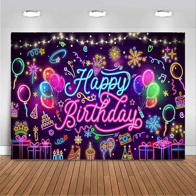 Mocsicka Neon Happy Birthday Banner Backdrop Glow in The Dark Graffiti Party Backdrop Decorations for Kids Adults Mustic Let's Glow Birthday Background Party Decorations (Purple, 7x5ft (82x60 inch))