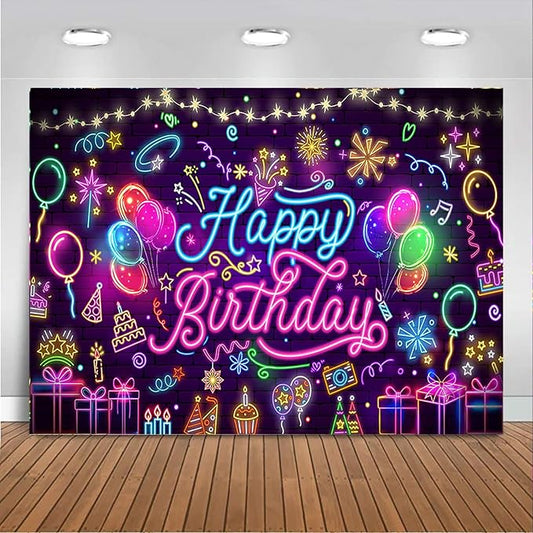 Mocsicka Neon Happy Birthday Banner Backdrop Glow in The Dark Graffiti Party Backdrop Decorations for Kids Adults Mustic Let's Glow Birthday Background Party Decorations (Purple, 8x6ft (96x72 inch))