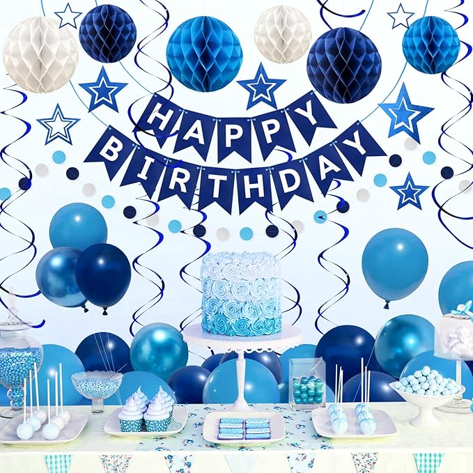 ZERODECO Birthday Decorations, Easy to Assemble Blue Happy Birthday Banner with Honeycomb Ball, Balloon, Hanging Swirl Streamer, Garland, Happy Birthday Party Decorations for Women Men Boys Girls