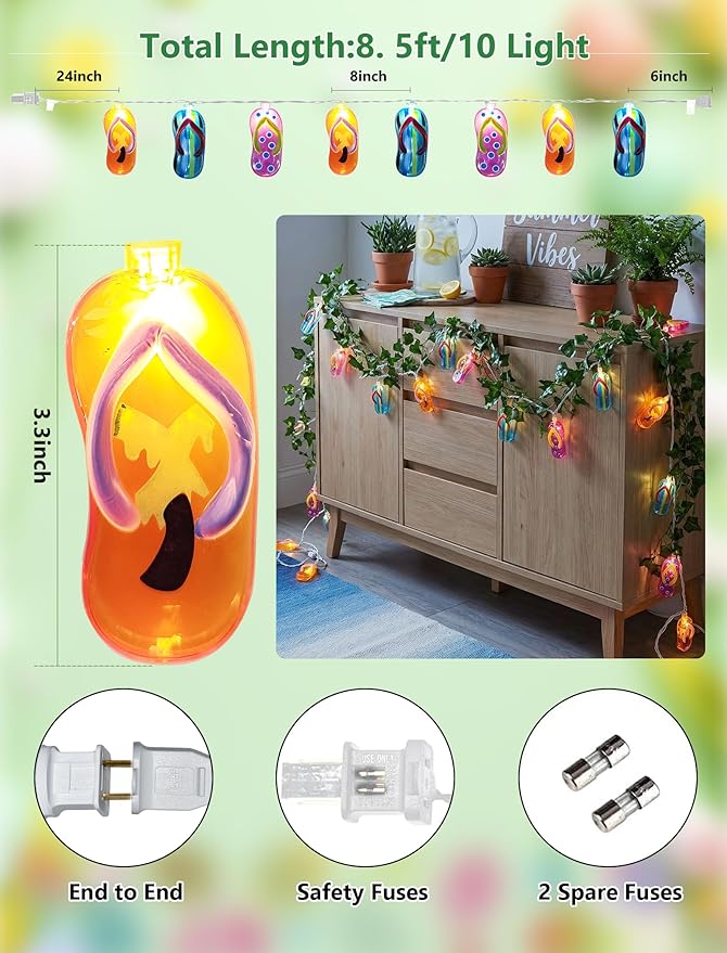 8.5FT Flip Flop String Lights 10 LED Colorful Slipper Lights – Tropical Beach Party Decorations, Waterproof Connectable Outdoor Plug in Fairy Lights for Patio Camping Luau Holiday Decor, UL Listed