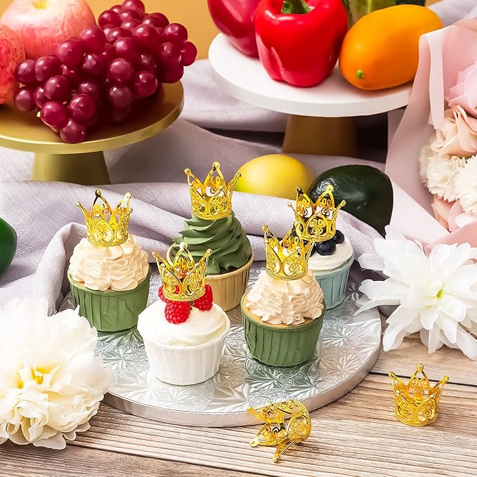 Junkin 24 Pcs Mini Crowns Mini Gold Crown Cake Topper for Flower Bouquets Small Vintage Tiara Cake Topper for Flower Arrangements Birthday Party Girl Wedding Baby Shower Decor(Gold,Vintage)