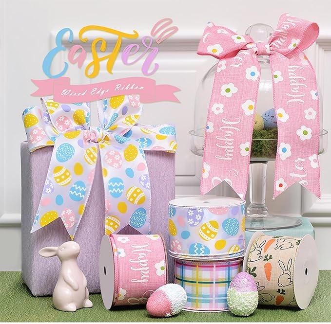 Meseey 2 Rolls Easter Ribbon, 2.5 Inch x 5 Yards Pastel Easter Egg & Happy Easter Wired Ribbon, Decorative Ribbon for Wreaths, Gift Wrapping, Easter Baskets, Crafts, Spring Party Decorations