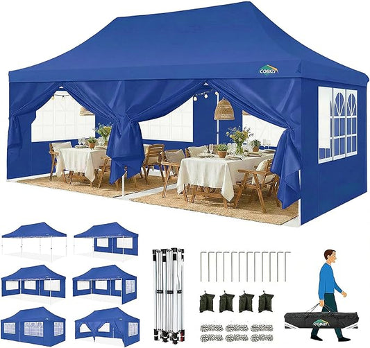 COBIZI Canopy 10x20 Pop Up Canopy Tent with Sidewalls, Waterproof Commercial Canopy Ez Outdoor Instant Gazebo UV Protection 50+ Event Shelter, Garden Tents for Parties with Sandbags, Ocean Blue
