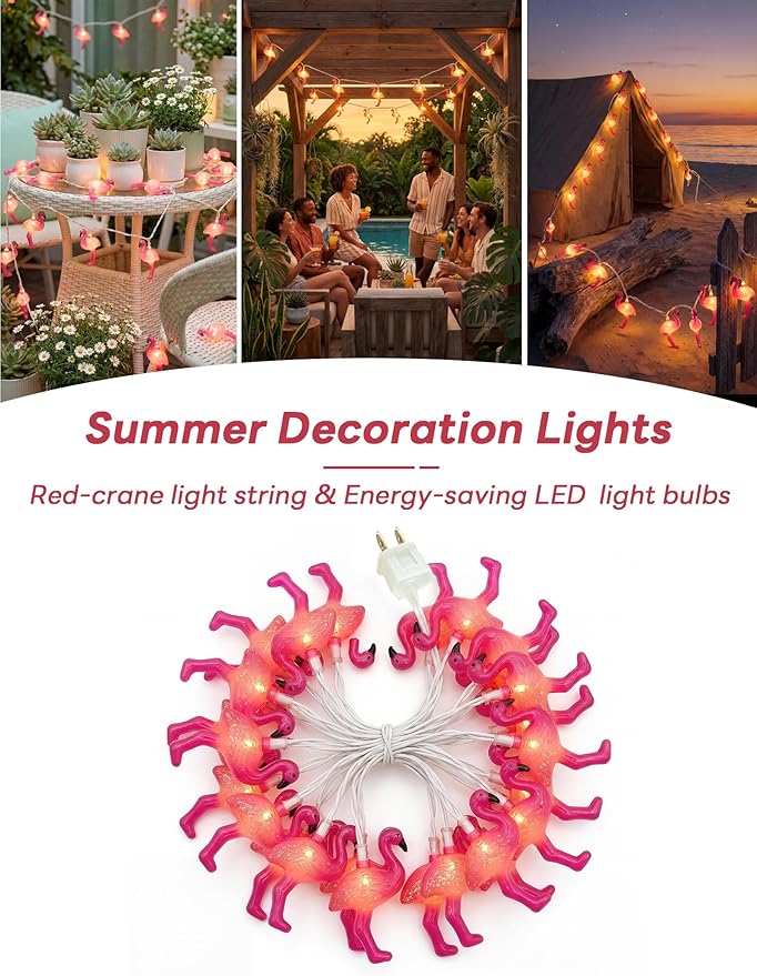 Flamingo String Lights, 12FT 20 LED Summer String Lights with UL Certified Plug, Waterproof Tropical Party Decorations for Patio, Warm White Hawaiian String Light for Garden Backyard Bedroom Decor