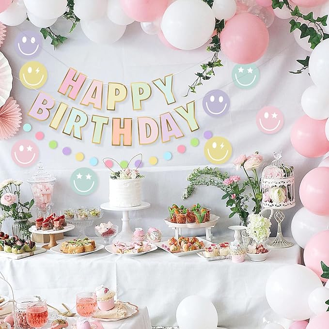 Pre-Strung Happy Birthday Banner, NO DIY Birthday Decorations with Circle Dot Garland and Preppies, Happy Birthday Party Decorations for Women Men Girls Boys (Pastel)