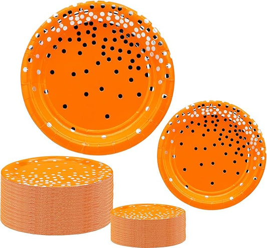 50 Pcs Party Supplies - Orange Silver Dot Tableware Set - 7/9 Inch Paper Plates for Birthdays, Weddings & More