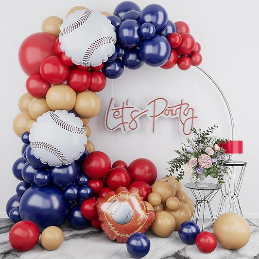Baseball Balloons Arch Garland Kit-Baseball Glove Balloon Blue Red Nude Balloon 125Pcs for Boy Birthday,Sport Theme,Gender Reveal,Graduation,Baby Shower Party Decorations.