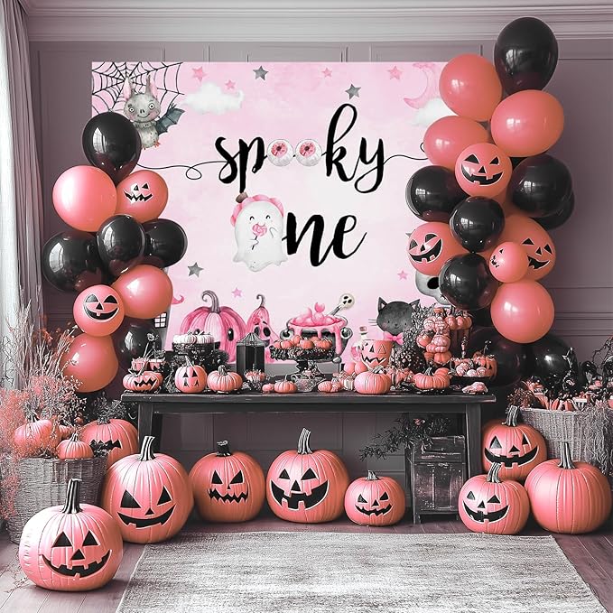 Mocsicka Halloween Spooky One Backdrop Halloween 1st Birthday Party Decoratoon Watercolor Spooky Ghost Spooktacular Birthday Banner Photo Shoot Props (Pink, 8x6ft(96''x72''))