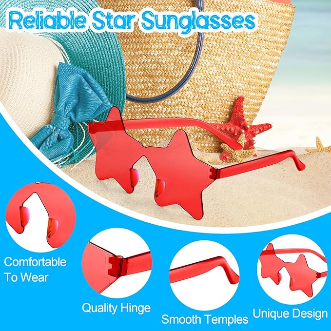 PLULON Red Star Sunglasses for Kids, 7 Pairs Red Star Sunglasses Rimless Star Shape Sunglasses, Star Glasses Bulk Bachelorette Sunglasses Star Party Favors for Birthday Beach Kids Adult