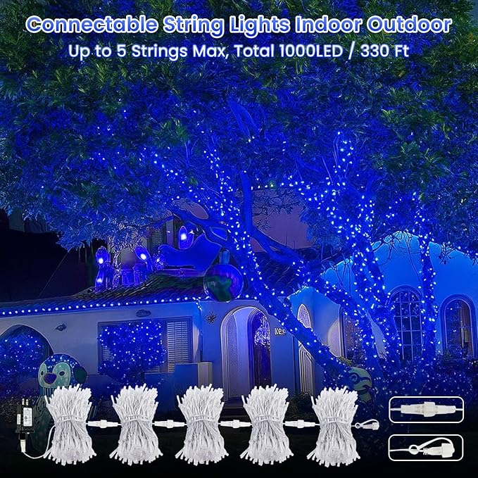Upgraded Connectable 200 LED String Lights Indoor Outdoor, 66FT Blue Christmas Lights Waterproof, 13 Modes Twinkle Fairy Lights Plug in Clear Wire for Christmas Tree, Bedroom, Classroom, Wedding Decor