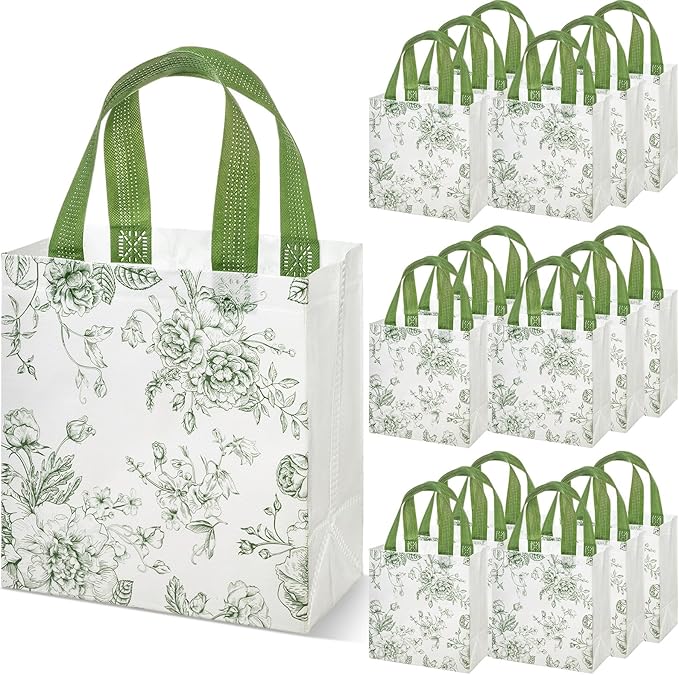 Sweetude 16 Pcs Sage Green Floral Gift Bags Floral Gift Bag with Handles Flower Party Favors Non Woven Reusable Tote for Women Wedding Birthday Baby Shower Mothers Day Party Decorations