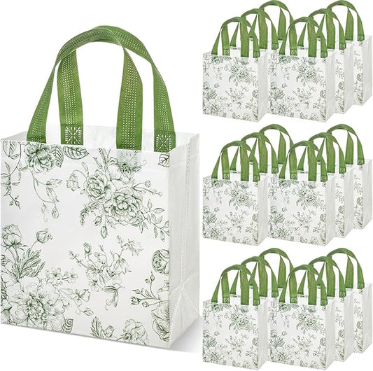 Sweetude 16 Pcs Sage Green Floral Gift Bags Floral Gift Bag with Handles Flower Party Favors Non Woven Reusable Tote for Women Wedding Birthday Baby Shower Mothers Day Party Decorations