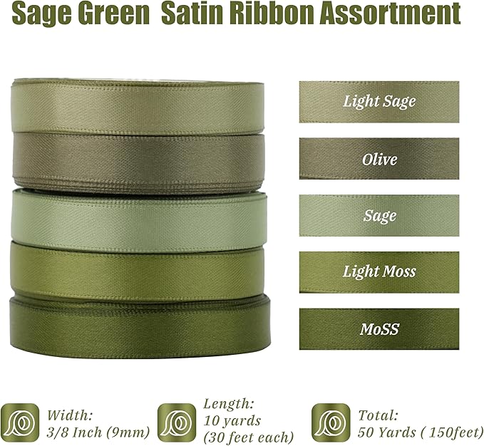 Sage Green Ribbon 3/8 Inch Double Face Satin Ribbon, 5 Rolls 50 Yards Moss Green Ribbon for Wedding, Baby Shower, Gift Wrapping, Hair Bows, Corsages, Invitations, Crafts