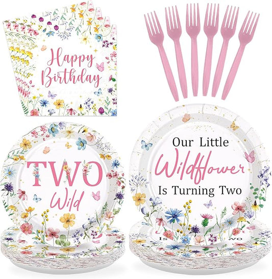 96Pcs Wildflower 2nd Birthday Decoration Our Little Wildflower Is Turning Two Plates and Napkins Spring Flowers Second Birthday Decorations for Girls Floral Two Years Old Bday Party Supplies Serves 24