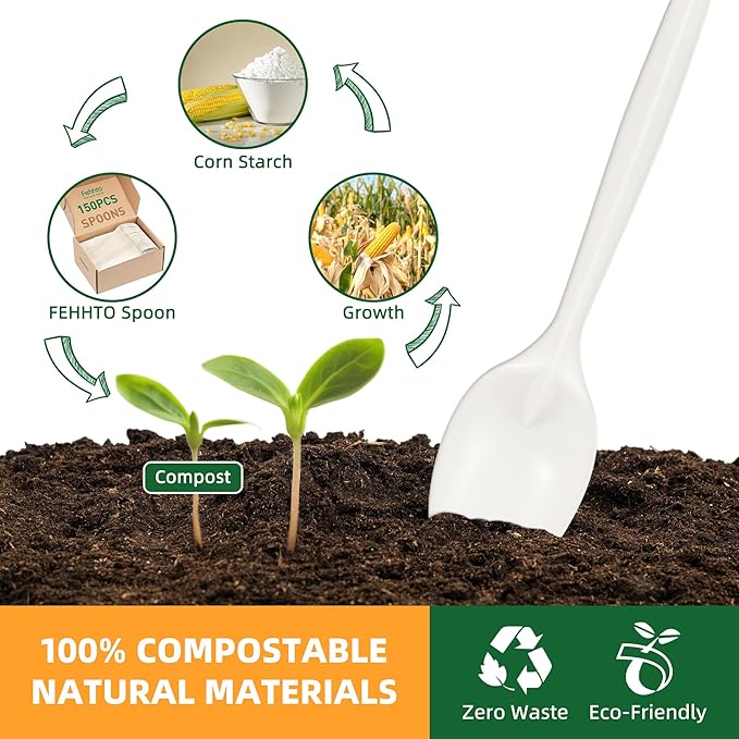 100% Compostable Disposable Spoons, 6.7" Heavy Duty Utensils Eco-Friendly Cornstarch Cutlery Durable and BPI-Certified Party Supplies No Plastic-150pcs Spoons