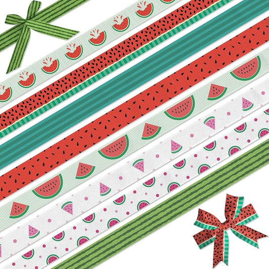YKW Watermelon Grosgrain Ribbons 8 Pack - 3/8 Inch Summer Theme Ribbon Set, 3 Yards Each for DIY Crafts Party Decorations Hair Bows Gift Wrapping Arts