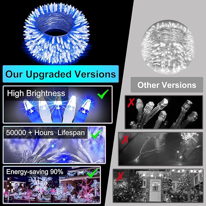 350LED Christmas Lights Indoor Outdoor, 90ft 12 Modes Blue and Cool White LED String Lights with Timer Dimmable, Waterproof Tree Lights for Xmas Patio Yard Fence Wedding Bedroom Garden Decor