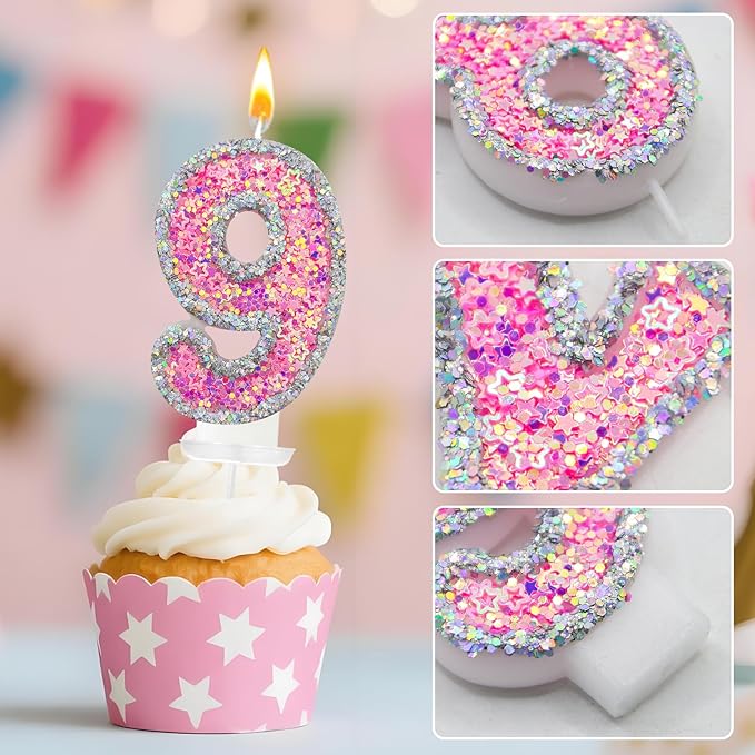 Number 9 Birthday Candle for Cake – Silver Glitter Edge with Pink Star Confetti – Decorative Number Cake Topper for Anniversary & Celebration Party Decor
