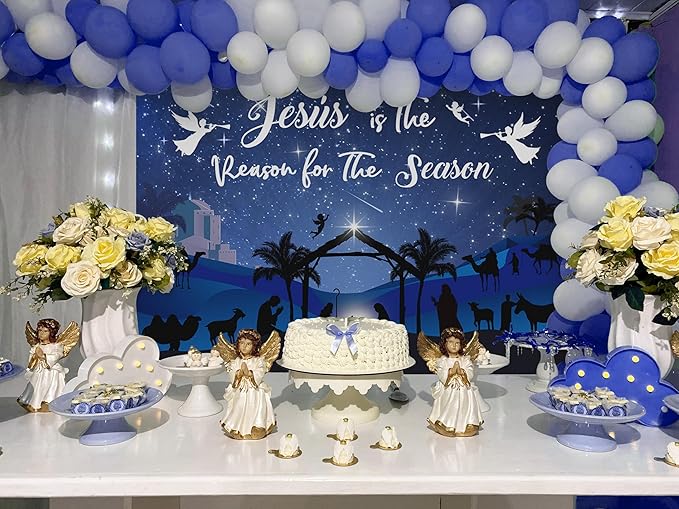 Mocsicka Christmas Nativity Backdrop Blue Large Merry Christams Party Decorations Banner Xmas Christmas Jesus is The Reason for The Season Background Photo Booth (Blue, 10x8ft(120"x96"))