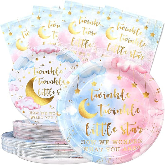 40 Guests Twinkle Twinkle Little Star Party Decorations Set – Gender Reveal Party Supplies, Plates and Napkins, Moon and Star Baby Shower Tableware Kit