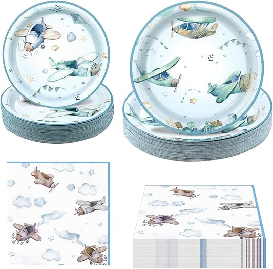 180Pcs Airplane Shower Party Supplies Paper Plates and Napkins Serve 60 Disposable Tableware Set for Birthday Party Decorations Game Day Family Holiday Sports Events