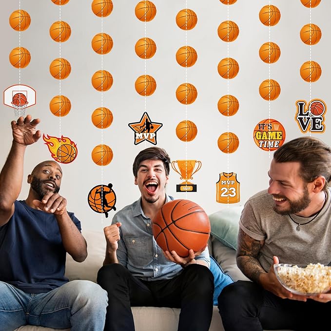 Basketball Party Decorations 8 Pcs Basketball Garland Banner Pre-Strung Basketball Hanging Garland Decor for Home Classroom Sports Themed Birthday Party Game Fans