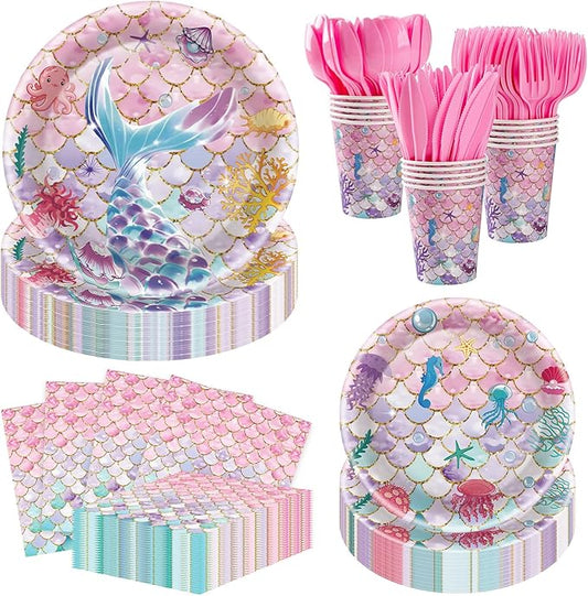 350pcs Mermaid Birthday Party Decorations for 50 Guests Include Paper Plate, Napkin, Cup and Disposable Plastic Cutlery