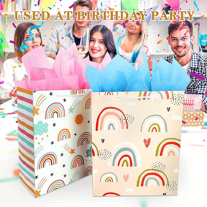Gift Bag for Girls, Birthday Large Gift Bag Bulk Set Included 2 Pack Paper Gift Bags with Tissue Paper, Rainbow Gift Bags for Kids, Baby, The Colorful Pink Red Gift Bags with Handles, The Pretty Present Bag Gift Bags for Birthday, Party, Baby Shower (1...