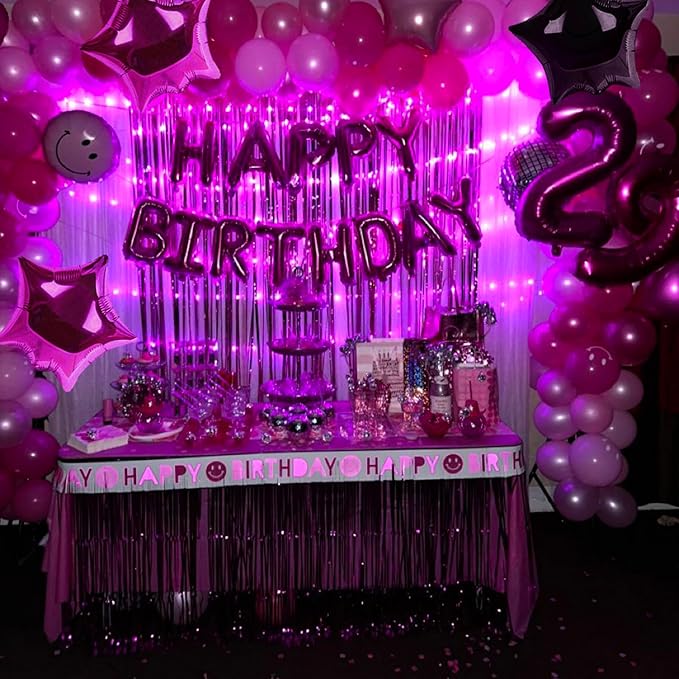 CANREVEL Happy Birthday Banner 13pcs 16 Inch Mylar Foil Letters Sign Balloons with LED Lights Birthday Party Decorations for Kids and Adults - 3D Hot Pink